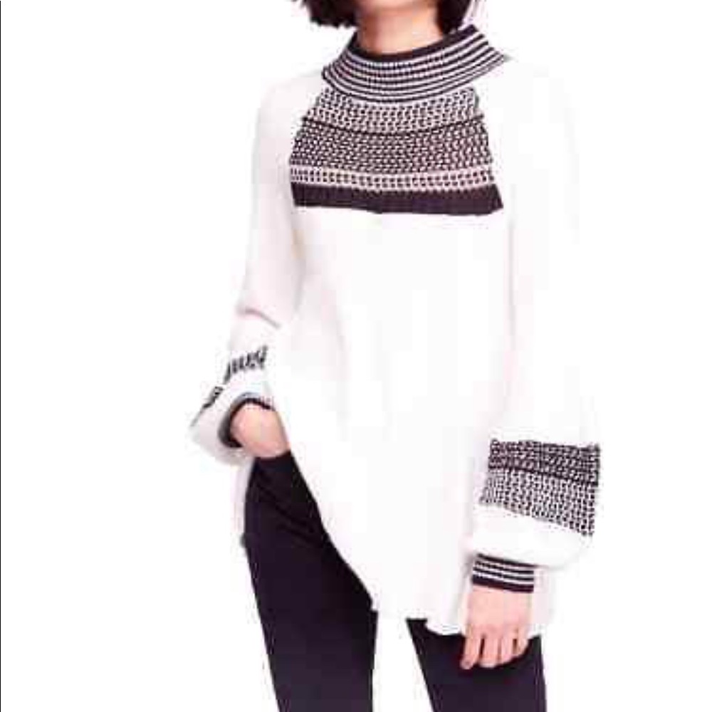 Free People Cream and Black Textured Mock-Neck Tunic